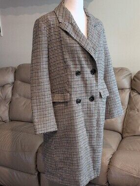 Topshop Black & White Houndstooth Double-Breasted Pea Coat Size Petite 10